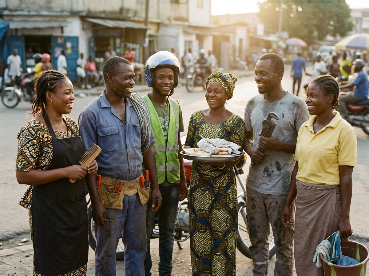 Prestataires Wapi de plusieurs métiers réunis dans une rue de Kinshasa