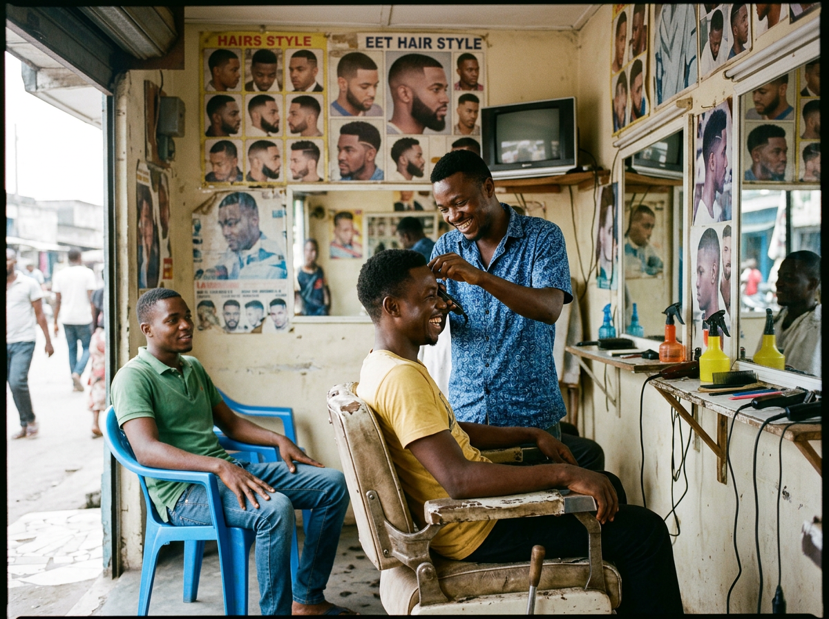 Coiffeur et client dans un salon à Kinshasa